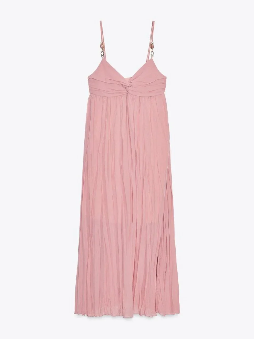 New Zara Thin Metal/Stone Straps V-Neck Pleated Fabric Marsala Midi Dress Small
